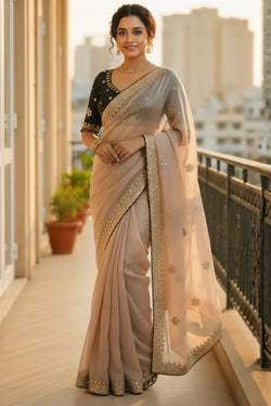 Splendorous Beige Embroidery Work Jimmy Choo Silk Saree With Lagniappe Full Stitched Blouse