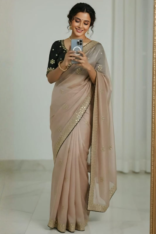 Splendorous Beige Embroidery Work Jimmy Choo Silk Saree With Lagniappe Full Stitched Blouse