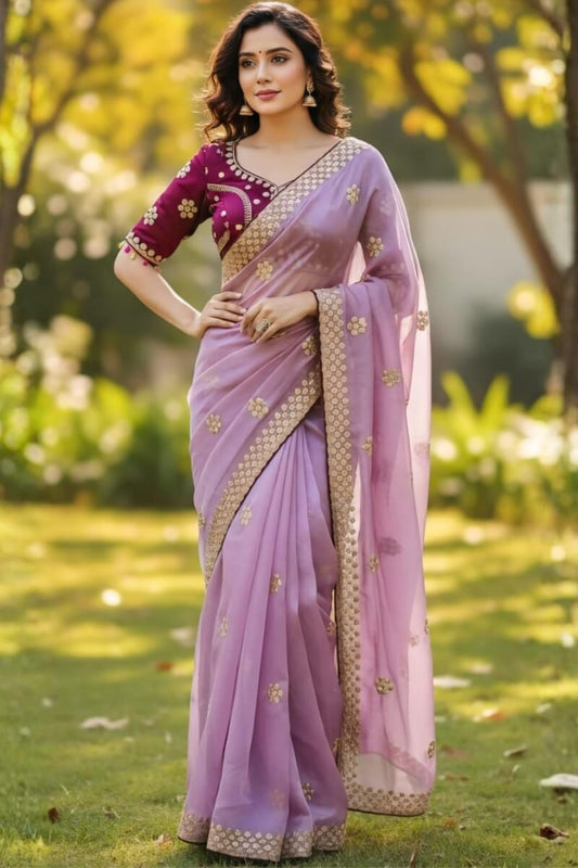 Ethereal Lavender Embroidery Work Jimmy Choo Silk Saree With Scrumptious Full Stitched Blouse