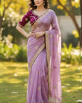 Ethereal Lavender Embroidery Work Jimmy Choo Silk Saree With Scrumptious Full Stitched Blouse