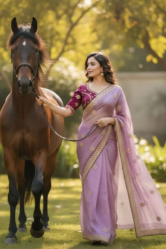 Ethereal Lavender Embroidery Work Jimmy Choo Silk Saree With Scrumptious Full Stitched Blouse