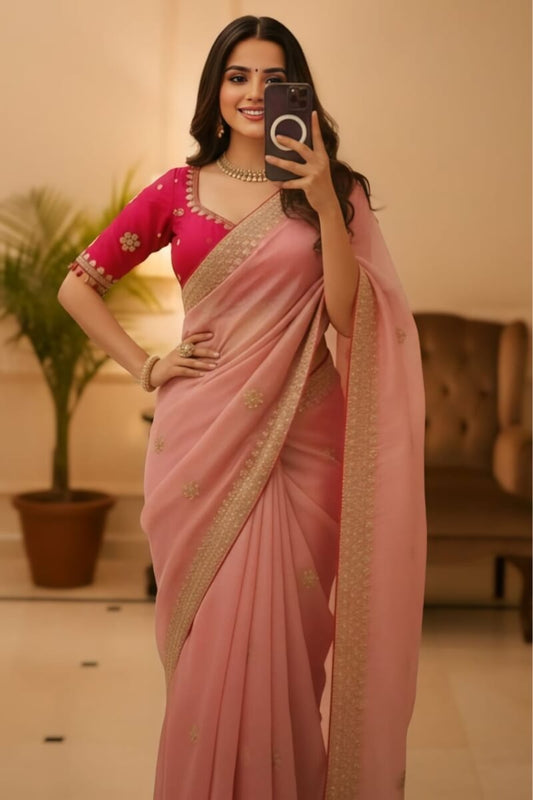 Denouement Pink Embroidery Work Jimmy Choo Silk Saree With Marvellous Full Stitched Blouse