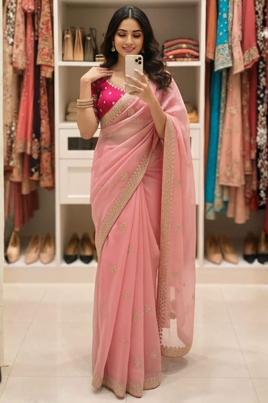 Denouement Pink Embroidery Work Jimmy Choo Silk Saree With Marvellous Full Stitched Blouse