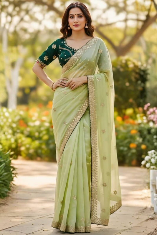 Innovative Pista Embroidery Work Jimmy Choo Silk Saree With Blooming Full Stitched Blouse