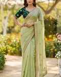 Innovative Pista Embroidery Work Jimmy Choo Silk Saree With Blooming Full Stitched Blouse