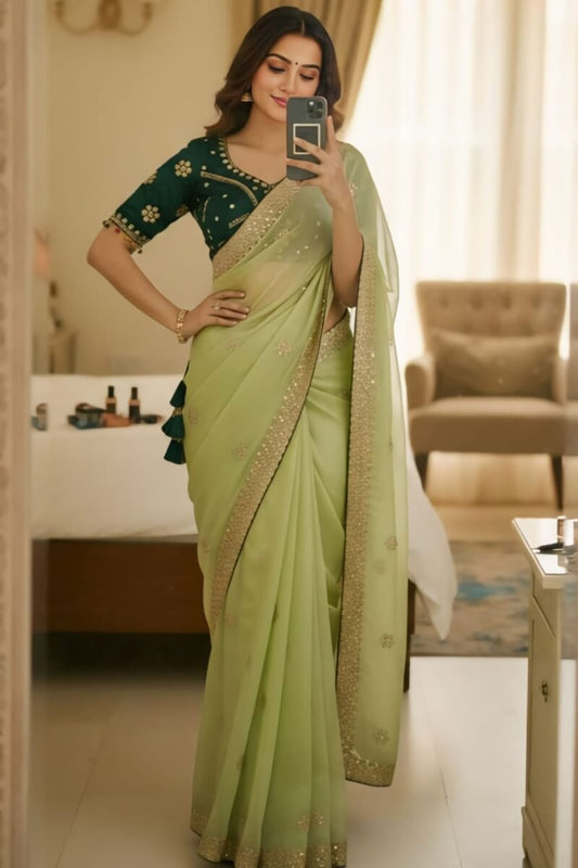 Innovative Pista Embroidery Work Jimmy Choo Silk Saree With Blooming Full Stitched Blouse