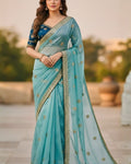 Nectarous Sky Embroidery Work Jimmy Choo Silk Saree With Incomparable Full Stitched Blouse