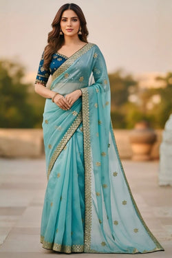 Nectarous Sky Embroidery Work Jimmy Choo Silk Saree With Incomparable Full Stitched Blouse
