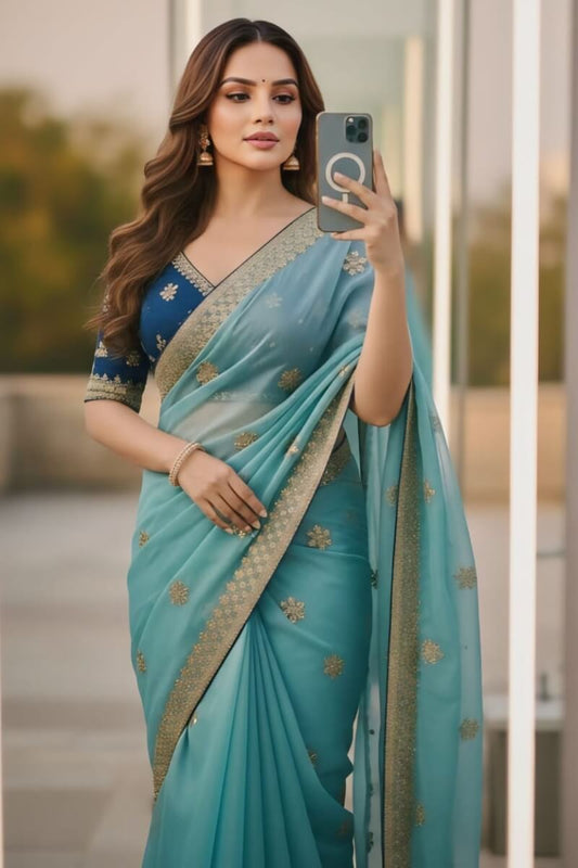 Nectarous Sky Embroidery Work Jimmy Choo Silk Saree With Incomparable Full Stitched Blouse