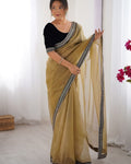 Classy Beige Twill Net Embroidery Work Saree With Velvet Blouse Piece
