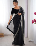 Captivating Black Twill Net Embroidery Work Saree With Velvet Blouse Piece