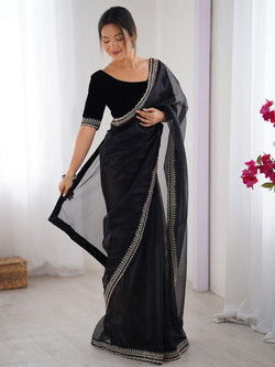 Captivating Black Twill Net Embroidery Work Saree With Velvet Blouse Piece
