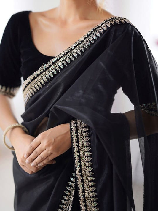 Captivating Black Twill Net Embroidery Work Saree With Velvet Blouse Piece