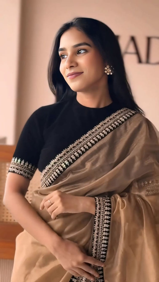 Wonderful Brown Twill Net Embroidery Work Saree With Velvet Blouse Piece