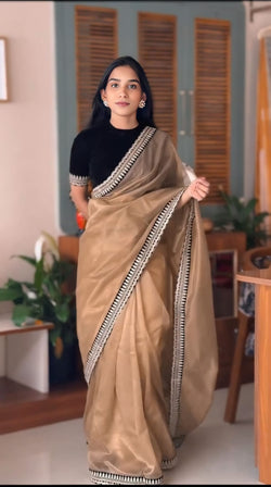 Wonderful Brown Twill Net Embroidery Work Saree With Velvet Blouse Piece