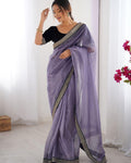 Flattering Lavender Twill Net Embroidery Work Saree With Velvet Blouse Piece