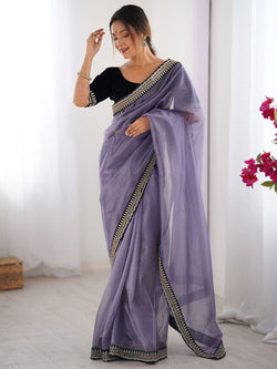 Flattering Lavender Twill Net Embroidery Work Saree With Velvet Blouse Piece
