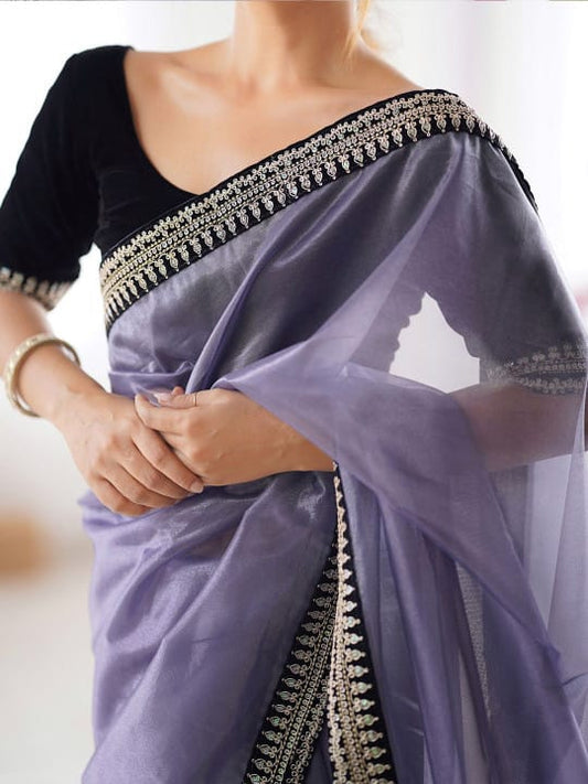 Flattering Lavender Twill Net Embroidery Work Saree With Velvet Blouse Piece