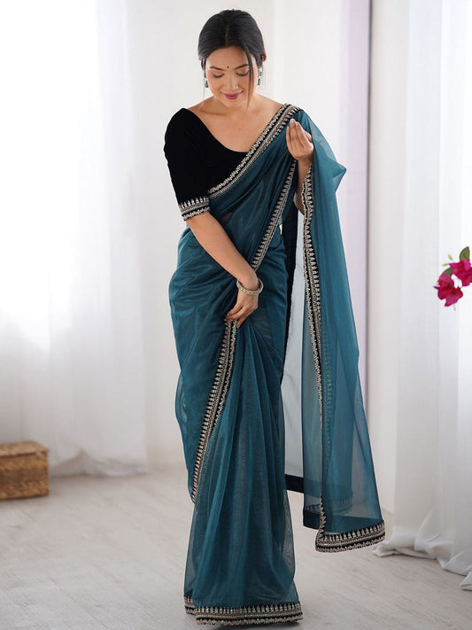 Blissful Rama Twill Net Embroidery Work Saree With Velvet Blouse Piece