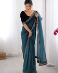 Blissful Rama Twill Net Embroidery Work Saree With Velvet Blouse Piece