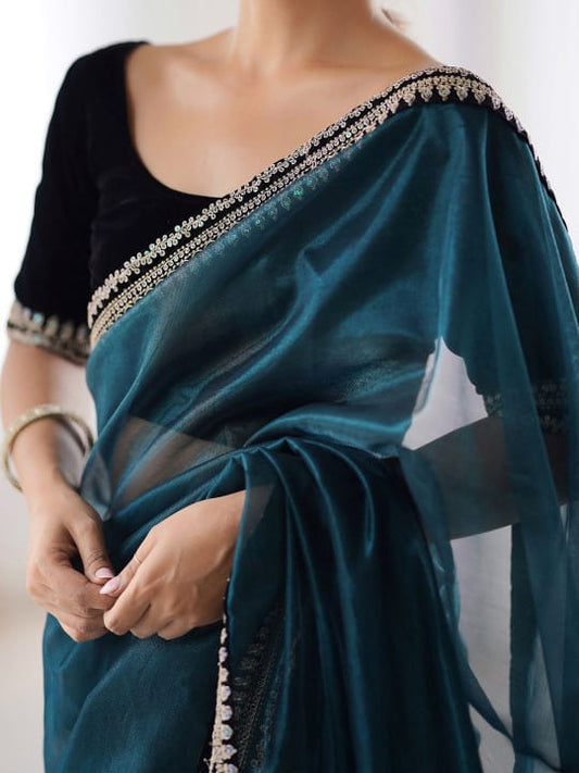Blissful Rama Twill Net Embroidery Work Saree With Velvet Blouse Piece