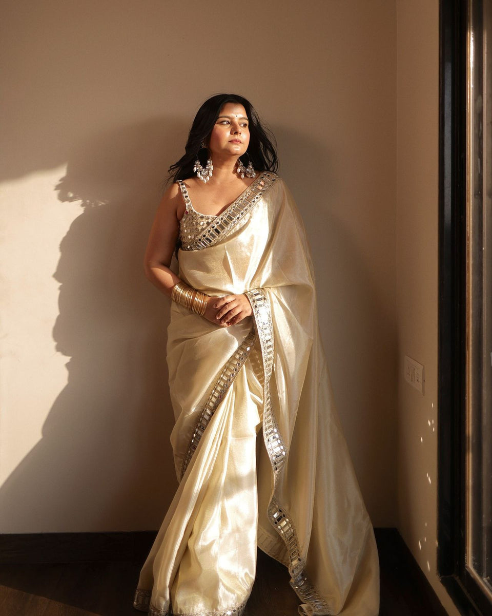 Splendorous Beige Satin Silk Mirror Work Saree With Elision Blouse Pie ...