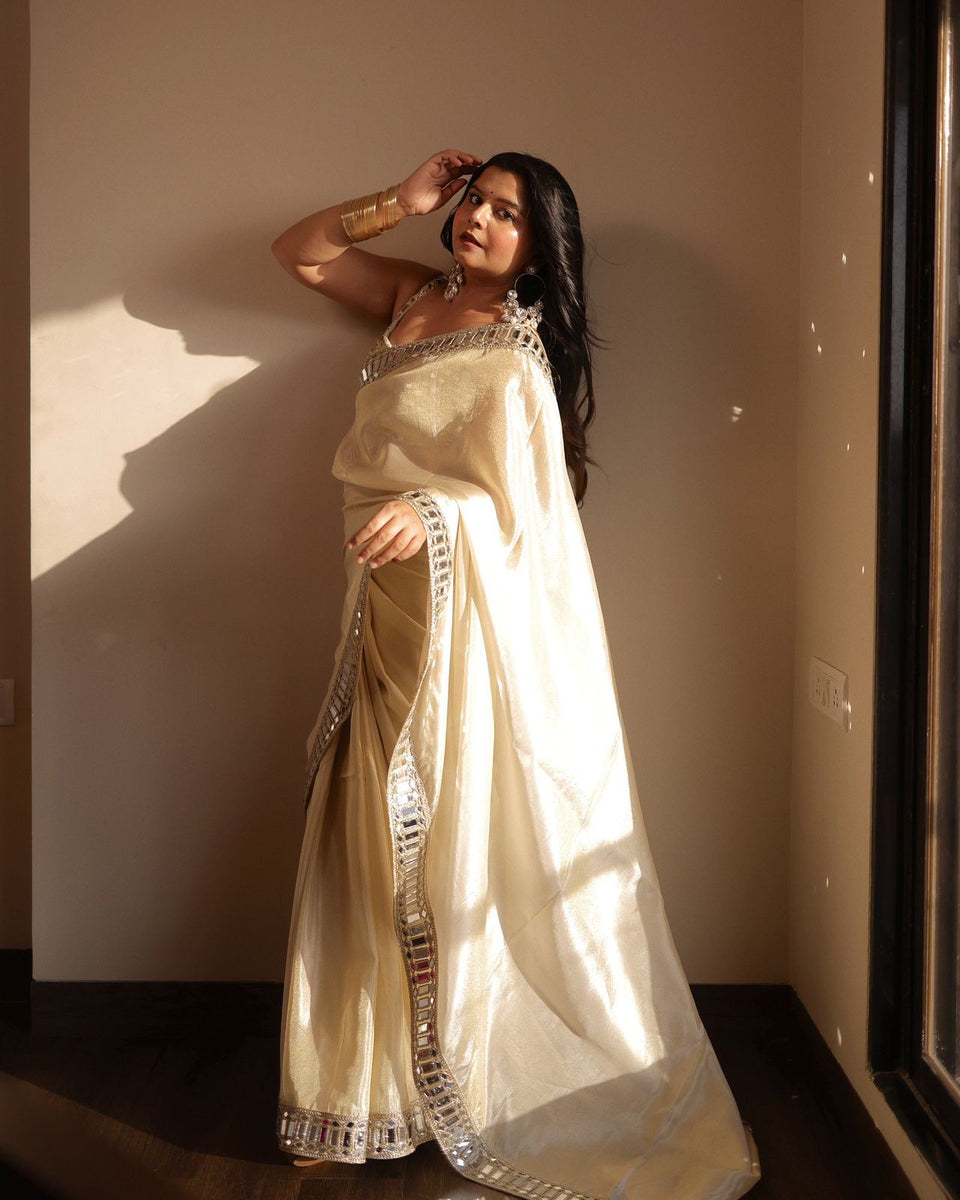 Splendorous Beige Satin Silk Mirror Work Saree With Elision Blouse Pie ...