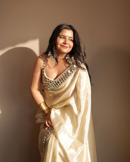 Splendorous Beige Satin Silk Mirror Work Saree With Elision Blouse Piece