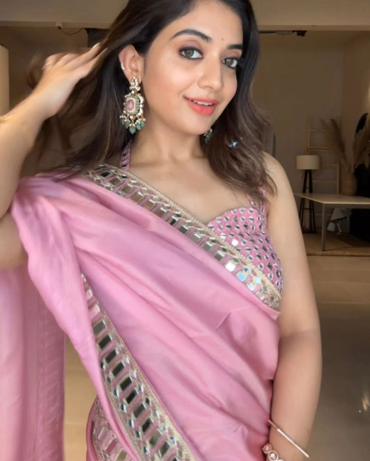 Invaluable Pink Satin Silk Mirror Work Saree With Seraphic Blouse Piece