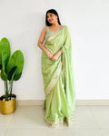 Dazzling Pista Satin Silk Mirror Work Saree With Splendorous Blouse Piece