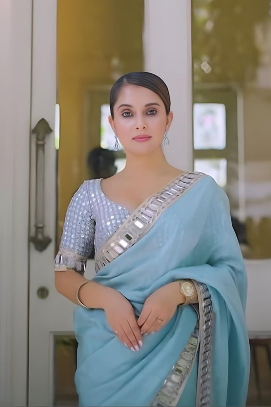 Sumptuous Sky Satin Silk Mirror Work Saree With Rhapsody Blouse Piece