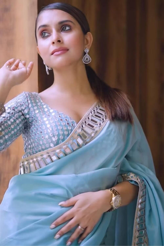 Sumptuous Sky Satin Silk Mirror Work Saree With Rhapsody Blouse Piece