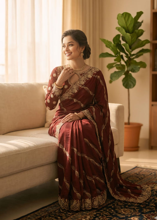 Dalliance Maroon Fendy Silk Sequence Embroidery Work Saree With Stitched Blouse