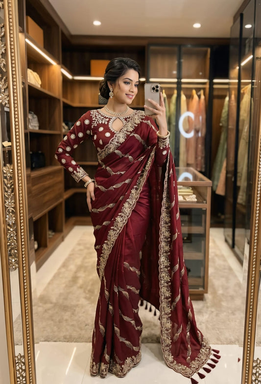 Dalliance Maroon Fendy Silk Sequence Embroidery Work Saree With Stitched Blouse