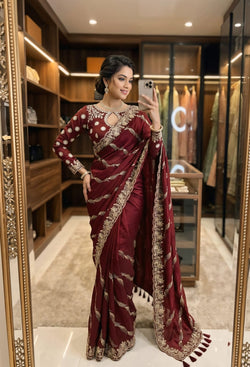 Dalliance Maroon Fendy Silk Sequence Embroidery Work Saree With Stitched Blouse