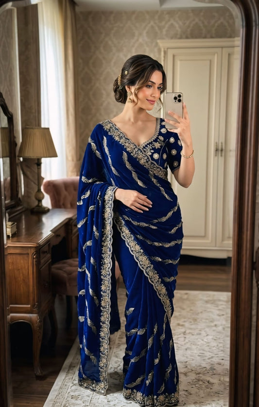 Admirable Navy Blue Fendy Silk Sequence Embroidery Work Saree With Stitched Blouse