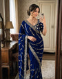 Admirable Navy Blue Fendy Silk Sequence Embroidery Work Saree With Stitched Blouse