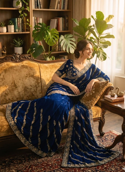 Admirable Navy Blue Fendy Silk Sequence Embroidery Work Saree With Stitched Blouse