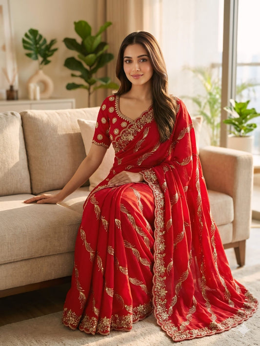 Blooming Red Fendy Silk Sequence Embroidery Work Saree With Stitched Blouse