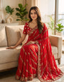 Blooming Red Fendy Silk Sequence Embroidery Work Saree With Stitched Blouse
