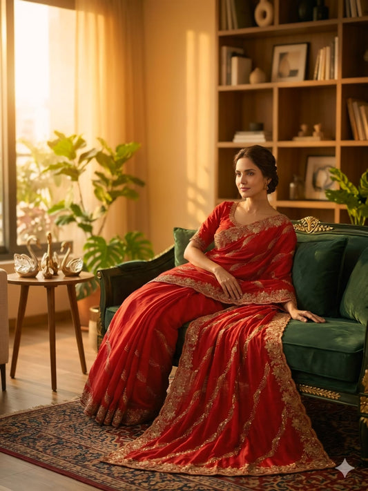 Blooming Red Fendy Silk Sequence Embroidery Work Saree With Stitched Blouse