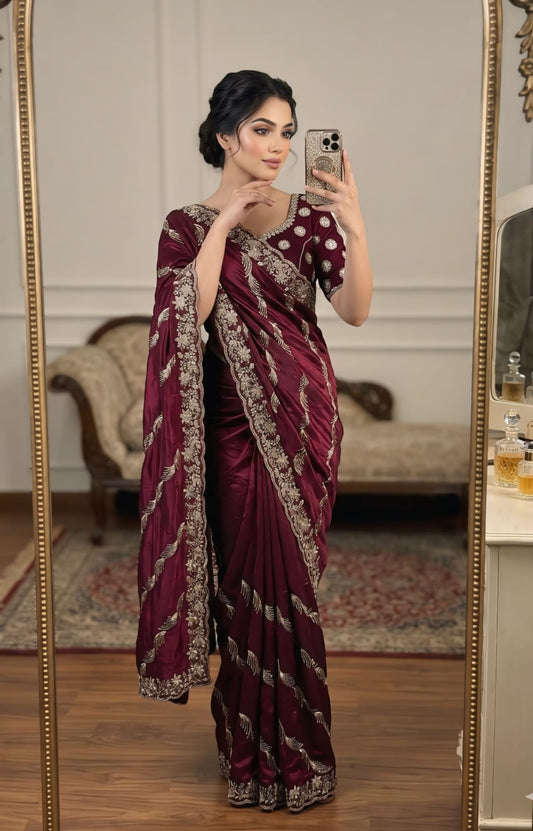 Luminous Wine Fendy Silk Sequence Embroidery Work Saree With Stitched Blouse