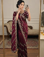 Luminous Wine Fendy Silk Sequence Embroidery Work Saree With Stitched Blouse