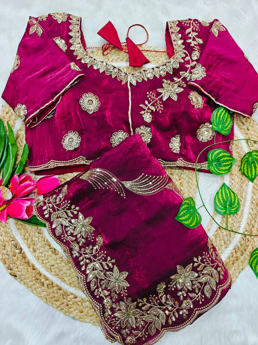 Luminous Wine Fendy Silk Sequence Embroidery Work Saree With Stitched Blouse