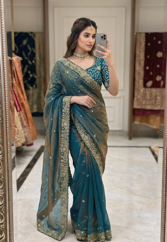 Eclat Blue Fendy Chiffon Silk Sequence Embroidery Work Saree With Stitched Blouse