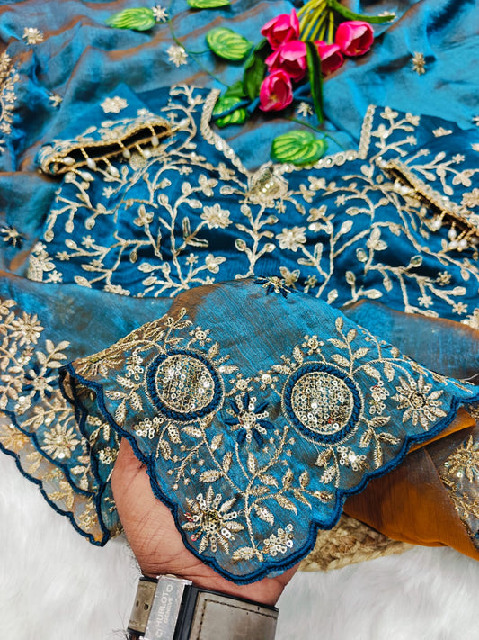 Eclat Blue Fendy Chiffon Silk Sequence Embroidery Work Saree With Stitched Blouse