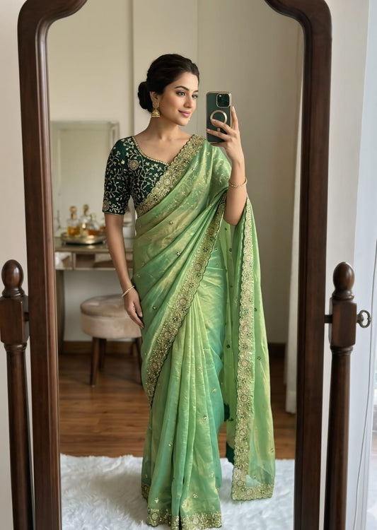 Chatoyant Green Fendy Chiffon Silk Sequence Embroidery Work Saree With Stitched Blouse