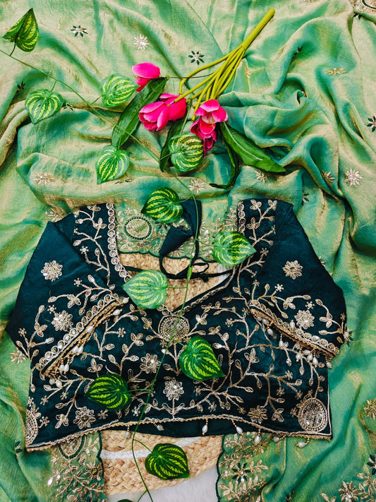 Chatoyant Green Fendy Chiffon Silk Sequence Embroidery Work Saree With Stitched Blouse
