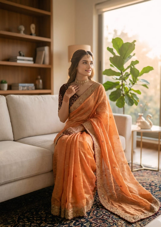 Resplendent Orange Fendy Chiffon Silk Sequence Embroidery Work Saree With Stitched Blouse