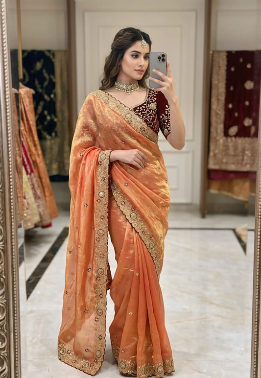 Resplendent Orange Fendy Chiffon Silk Sequence Embroidery Work Saree With Stitched Blouse